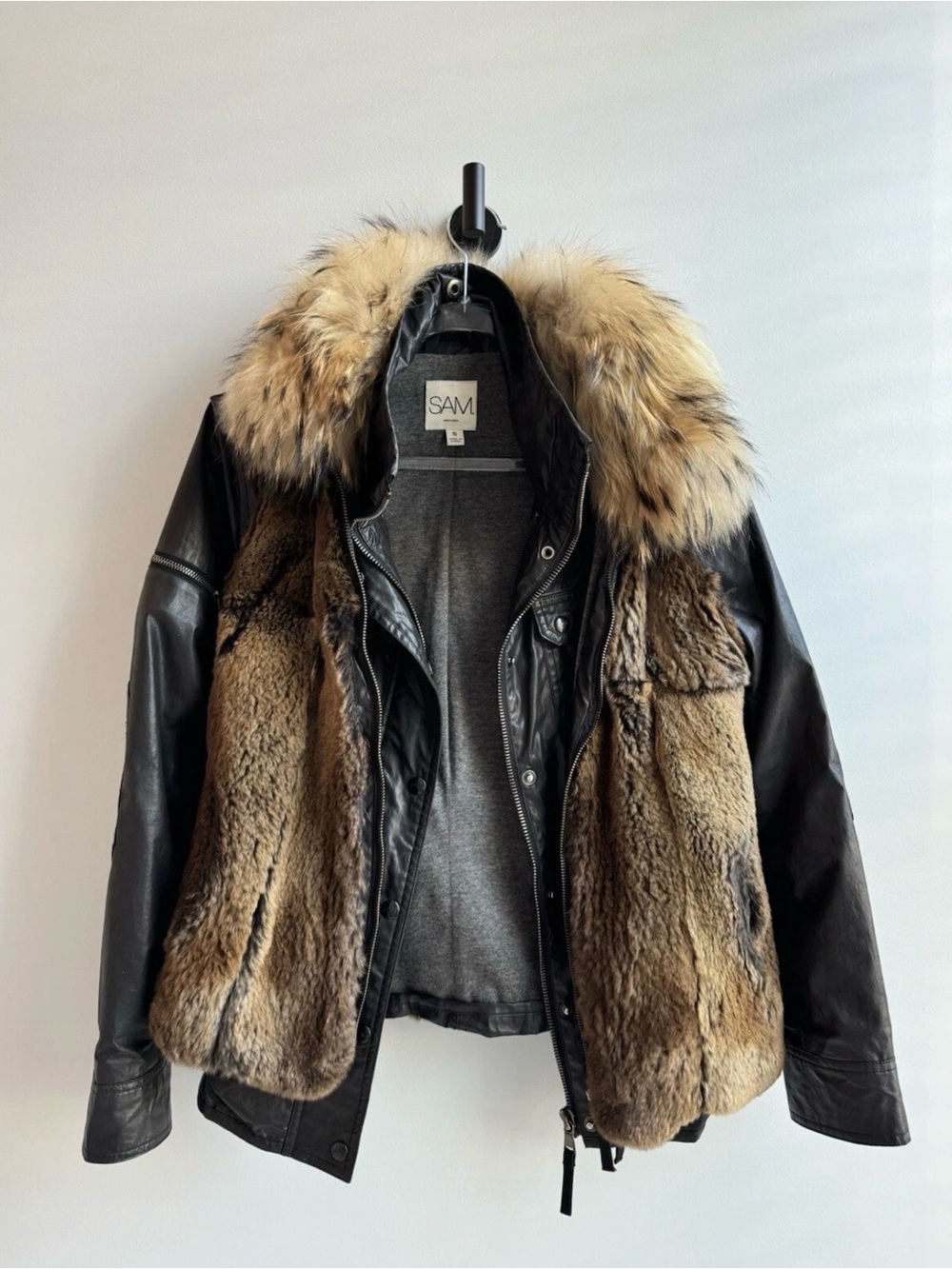 SAM Edelman Black Leather Jacket with Brown Fur Trim